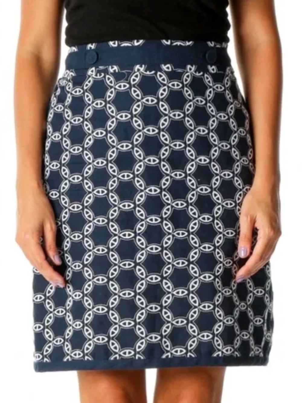 Ann Taylor Navy Blue Chain Link Nautical Knot White Embroidered Skirt 8
